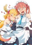  2girls @_@ ^_^ absurdres apron bangs bare_shoulders blonde_hair blue_neckwear blush choker closed_eyes collared_dress commentary cowboy_shot detached_sleeves dragon_horns flustered frilled_apron frills glasses gloves hand_on_another&#039;s_waist heart highres horns kobayashi-san_chi_no_maidragon kobayashi_(maidragon) kobayashi_sun_(artist) lace lace_choker locked_arms long_hair maid maid_apron multiple_girls necktie open_mouth ponytail redhead short_hair simple_background smile sweatdrop tohru_(maidragon) twintails white_apron white_background white_gloves yuri 