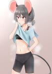  1girl animal_ears bangs bike_shorts black_shorts black_sports_bra blue_shirt breasts clothes_lift commentary contemporary cowboy_shot dakuazu gradient gradient_background grey_background grey_hair hand_on_hip highres jewelry lifted_by_self looking_to_the_side midriff mouse_ears mouse_tail navel nazrin necklace parted_lips red_eyes shirt shirt_lift short_hair short_sleeves shorts small_breasts solo sports_bra standing steam sweat tail tied_hair touhou wiping_sweat 