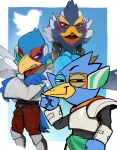  3boys beak berdly_(deltarune) bird_boy blue_eyes crossed_arms crossover deltarune falco_lombardi green_eyes index_finger_raised jacket looking_at_viewer multiple_boys multiple_crossover raichiyo revali rito scouter smile smug star_fox the_legend_of_zelda the_legend_of_zelda:_breath_of_the_wild trait_connection twitter_logo 