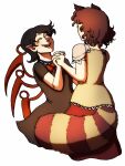  2girls animal_ears black_hair brown_hair closed_eyes futatsuiwa_mamizou highres holding_hands houjuu_nue moonywitcher multiple_girls open_mouth short_hair simple_background smile tail touhou white_background 