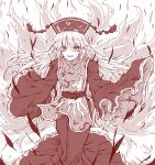  1girl angry aura bangs breasts chinese_clothes commentary_request energy eyebrows_visible_through_hair fox_print fox_tail full_body highres junko_(touhou) long_hair looking_at_viewer lower_teeth monochrome multiple_tails neckwear open_mouth phoenix_crown ribbon-trimmed_sleeves ribbon_trim sash simple_background slit_pupils solo standing tabard tail tamasan tassel teeth touhou v-shaped_eyebrows white_background wide_sleeves 