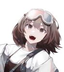  1girl arknights brown_hair brown_overalls brown_shirt choker commentary_request goggles goggles_on_head hair_between_eyes highres looking_at_viewer open_mouth overalls portrait roberta_(arknights) seikazuku shirt short_hair shoulder_strap simple_background solo teeth white_background white_choker white_shirt 