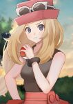  1girl absurdres blonde_hair blush bracelet breasts closed_mouth clouds collared_shirt commentary_request eyelashes eyewear_on_headwear frown grey_eyes hand_up hat highres holding holding_poke_ball jewelry long_hair looking_at_viewer okuro_zmzm outdoors poke_ball poke_ball_(basic) pokemon pokemon_(game) pokemon_xy serena_(pokemon) shirt skirt sky sleeveless sleeveless_shirt solo sunglasses 