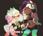  2girls :d black_hair blush_stickers crown dark_skin dress einri fingerless_gloves gloves gradient_hair headphones marina_(splatoon) midriff mole monster_girl multicolored_hair multiple_girls navel_piercing open_mouth pantyhose pearl_(splatoon) piercing polka_dot polka_dot_background shorts smile splatoon_(series) star-shaped_pupils star_(symbol) symbol-shaped_pupils tentacle_hair white_hair zipper 