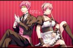  1boy 1girl apron butler dress frilled_apron frilled_dress frills genderswap genderswap_(mtf) glasses gloves headgear maid maid_headdress pink_hair pirika_(rm0315) saiki_kusuko saiki_kusuo saiki_kusuo_no_psi_nan short_hair sunglasses white_gloves 