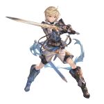  1boy armor arthur_(granblue_fantasy) blonde_hair full_body granblue_fantasy greaves holding holding_sword holding_weapon looking_at_viewer male_focus minaba_hideo official_art order_of_the_white_dragon_uniform red_eyes shorts solo sword transparent_background weapon 