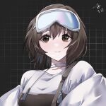  1girl arknights black_overalls brown_eyes brown_hair choker dated eyebrows_visible_through_hair goggles goggles_on_head grey_background hair_between_eyes highres jacket looking_at_viewer muzi_(muaz) open_clothes open_jacket overalls roberta_(arknights) shirt short_hair simple_background smile solo straight-on white_choker white_jacket white_shirt 