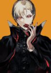  1boy bangs black_cape black_shirt blonde_hair blood blood_from_mouth brown_nails buttons cape earrings eyeliner eyeshadow fang fang_out fangs fate/extra fate/extra_ccc fate/grand_order fate/hollow_ataraxia fate/stay_night fate/strange_fake fate/zero fate_(series) floral_print flower gilgamesh_(fate) halloween halloween_costume hand_up highres holding holding_flower jewelry looking_at_viewer makeup male_focus nail_polish open_mouth orange_background petals red_cape red_eyes red_flower red_rose rose rose_petals sakura_hitsuji shirt short_hair solo teeth twitter_username two-tone_cape upper_body vampire vampire_costume 
