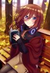  1girl absurdres autumn autumn_leaves bangs bench black_legwear black_sweater blue_eyes book brown_hair brown_skirt closed_mouth go-toubun_no_hanayome hair_between_eyes hair_blowing hair_ornament hairclip headphones headphones_around_neck highres holding holding_book leaves_in_wind long_bangs long_hair looking_at_viewer maeda_tsumugi megami_magazine nakano_miku official_art pantyhose red_shawl scan shawl sitting skirt smile solo sweater tree_trunk turtleneck 