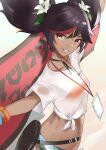  1girl beach bikini black_hair dark_skin futsuhara genshin_impact highres shirt short_twintails solo swimsuit tied_shirt twintails white_shirt xinyan_(genshin_impact) 