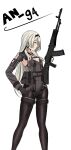  1girl ammunition_belt an-94 an-94_(girls&#039;_frontline) assault_rifle belt black_gloves black_hairband black_legwear blush breasts character_name closed_mouth covered_navel doldoriaa feet_out_of_frame girls_frontline gloves gun hairband hand_on_hip highres holding holding_gun holding_weapon long_hair looking_away pantyhose platinum_blonde_hair playboy_bunny rifle small_breasts solo standing weapon white_background 