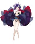  1girl absurdres bare_legs bare_shoulders barefoot bob_cut breasts fangs fate/grand_order fate_(series) highres horns japanese_clothes kimono looking_at_viewer navel oni oni_horns open_mouth purple_hair purple_kimono revealing_clothes san_(harutuki_3) short_hair shuten_douji_(fate) simple_background skin-covered_horns small_breasts smile solo standing violet_eyes white_background 