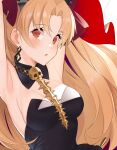  1girl :o armpits arms_up bangs black_dress blonde_hair blush breasts closed_mouth detached_collar dress earrings ereshkigal_(fate) eyebrows_visible_through_hair fate/grand_order fate_(series) hair_ornament harukagi jewelry long_hair looking_at_viewer medium_breasts parted_bangs parted_lips red_eyes skull solo spine strapless strapless_dress upper_body very_long_hair 