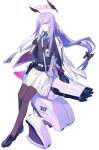  1girl blue_archive drone floating floating_object gloves gun headgear jacket jacket_on_shoulders long_hair low-tied_long_hair mac-10 official_art pantyhose purple_hair school_uniform shoes skirt solo submachine_gun transparent_background utaha_(blue_archive) very_long_hair violet_eyes weapon wrench yamakawa 