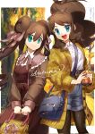  2girls :d alternate_costume antenna_hair bag bangs belt blue_eyes bright_pupils brown_hair brown_legwear buttons can closed_mouth coat collared_shirt double_bun eyebrows_visible_through_hair eyelashes green_eyes grey_bag grey_shorts hair_between_eyes hair_ribbon high_ponytail highres hilda_(pokemon) holding holding_can kamota_(momokomati) long_hair long_sleeves multiple_girls neck_ribbon open_clothes open_coat open_mouth pantyhose pokemon pokemon_(game) pokemon_bw pokemon_bw2 ribbon rosa_(pokemon) shirt shorts shoulder_bag sidelocks smile symbol-only_commentary tied_hair tongue twintails upper_teeth white_pupils white_shirt yellow_coat 