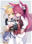  2girls animal_ear_fluff animal_ears arashiya arknights arm_up ass black_gloves black_panties blonde_hair blue_skirt blush braid breast_grab breasts brown_jacket dress fox_ears fox_girl fox_tail gloves grabbing green_eyes grey_background hair_ornament hairband highres hug id_card jacket long_hair looking_at_viewer multiple_girls multiple_tails open_mouth panties pantyhose red_dress red_eyes redhead shamare_(arknights) shirt short_dress simple_background skirt sleeveless sleeveless_jacket small_breasts suzuran_(arknights) tail thigh_strap thighs torn_clothes torn_legwear twin_braids twintails underwear white_legwear white_shirt yuri 