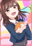  1girl absurdres ariria_(nanayuri) balloon bangs birthday blazer brown_eyes brown_hair character_name commentary_request date_sayuri english_text highres jacket long_sleeves looking_at_viewer love_live! love_live!_superstar!! medium_hair nesoberi object_hug school_uniform shibuya_kanon shiny shiny_hair sidelocks signature solo upper_body voice_actor voice_actor_connection yuigaoka_school_uniform 