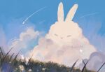  animal animal_focus beanynne clouds commentary english_commentary flower grass highres no_humans original rabbit scenery shooting_star signature sky white_flower 