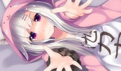  1girl animal_ear_fluff animal_ears animare blush ears_through_headwear fang fang_out fox_ears fox_girl highres hood hood_up hoodie medium_hair open_clothes open_hoodie pink_hoodie reaching_out sad_smile sch shiromiya_mimi shirt short_sleeves silver_hair smile tears violet_eyes virtual_youtuber white_shirt 