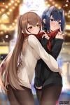  2girls bangs black_hairband black_sweater blue_hair blurry blurry_background blush breasts brown_eyes brown_hair brown_legwear closed_mouth commentary earrings eyebrows_visible_through_hair hair_between_eyes hair_intakes hair_ornament hairband hand_on_another&#039;s_shoulder hololive hololive_english jewelry kananote large_breasts long_hair long_sleeves multicolored_hair multiple_girls nail_polish nanashi_mumei ouro_kronii pantyhose parted_lips pink_nails ponytail purple_nails red_scarf scarf shared_scarf short_hair smile snowflake_hair_ornament streaked_hair sweater very_long_hair white_sweater yuri 