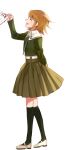  16_(0xhsk16) 1boy 1other :d arm_behind_back bangs blush brown_hair brown_legwear closed_eyes danganronpa:_trigger_happy_havoc danganronpa_(series) facing_to_the_side from_side fujisaki_chihiro green_jacket green_ribbon grey_background grey_footwear hand_up happy jacket kneehighs long_sleeves male_focus neck_ribbon open_mouth otoko_no_ko pleated_skirt ribbon shoes short_hair simple_background skirt smile solo_focus standing 