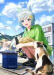  1girl absurdres alternate_costume animal_ears bangs black_footwear blue_eyes blue_hair blue_sky cat clouds ear_covers fish fishing_rod fusou_(fuso0205) green_shirt hair_ornament hairclip highres horse_ears horse_girl horse_tail open_mouth outdoors seiun_sky_(umamusume) shirt shoes short_hair short_sleeves single_ear_cover sky smile sneakers solo squatting tail tongs umamusume 