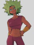  1girl abs breasts closed_eyes closed_mouth dragon_ball dragon_ball_super earrings green_eyes green_hair hand_on_hip jewelry kefla_(dragon_ball) kemachiku looking_at_viewer medium_breasts midriff navel potara_earrings short_hair solo super_saiyan 