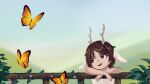  1girl animal_ears blue_sky brown_eyes brown_hair bug butterfly fence highres horns jackalope leaning_on_object mirrurin original plant simple_background sky smile solo vines wooden_fence 