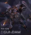  absurdres artist_name beam_rifle blue_eyes brayanong999 character_name clouds energy_gun english_commentary gun gundam gundam_hathaway&#039;s_flash highres holding holding_gun holding_weapon looking_down mecha mobile_suit no_humans open_hand science_fiction solo v-fin watermark weapon xi_gundam 