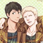  2boys arm_around_shoulder bertolt_hoover blonde_hair brown_hair chest_harness collarbone harness jacket leather leather_jacket looking_to_the_side male_focus maru_mary multiple_boys reiner_braun shingeki_no_kyojin short_hair sideburns smile upper_body 