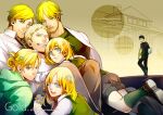  2girls 5boys annie_leonhardt armin_arlert beard bertolt_hoover blonde_hair blue_eyes christa_renz cover cover_page doujin_cover erwin_smith facial_hair flower holding holding_flower kyosuke male_harem mike_zakarius multiple_boys multiple_girls mustache one_eye_closed reiner_braun shingeki_no_kyojin shirt short_hair sideburns smile white_shirt 