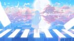  1girl bangs blue_sky building clouds dress highres long_hair natsu-no-kamisama original profile reflection sky solo surreal white_dress white_hair wide_shot 