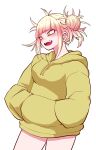  1girl bangs blonde_hair blunt_bangs blush boku_no_hero_academia breasts cowboy_shot double_bun fangs hands_in_pockets highres hood hood_down hoodie large_breasts looking_at_viewer messy_hair okumari open_mouth shiny shiny_hair simple_background solo toga_himiko white_background yellow_eyes 
