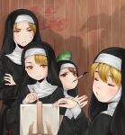  4girls absurdres asymmetrical_bangs bangs blonde_hair blue_eyes blush brown_eyes brown_hair canvas_(object) closed_eyes easel frog habit hair_ornament hairclip half-bang_nun_(diva) highres hook-bang_nun_(diva) little_nuns_(diva) mole_on_cheek mouth_hold multiple_girls nun paintbrush parted_lips piancaesar protagonist_nun_(diva) scowly_nun_(diva) shadow shadow_puppet yellow_eyes 