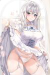  1girl blue_eyes blush breasts clothes_lift dress dress_lift garter_belt garter_straps highres lillly lingerie looking_at_viewer original panties seductive_smile smile solo thick_thighs thigh-highs thighs underwear white_dress white_hair white_legwear white_panties window 