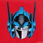  1980s_(style) artist_name autobot blue_eyes english_commentary head_only highres looking_at_viewer mecha no_humans ochopante optimus_prime red_background retro_artstyle science_fiction solo transformers 