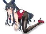  1girl absurdres animal_ears black_hair black_legwear blush boots breasts closed_mouth collar commentary eyebrows_visible_through_hair fake_animal_ears fake_tail hair_between_eyes high_heel_boots high_heels highres kantai_collection leotard long_hair medium_breasts necktie nitamako_(sakamalh) pantyhose playboy_bunny ponytail rabbit_ears red_eyes red_footwear red_leotard scrunchie sidelocks simple_background smile solo tail white_background white_neckwear wrist_cuffs yahagi_(kancolle) 