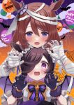  2girls :d balloon bandages bat blue_eyes blush brown_hair chin_on_head claw_post fangs gloves gradient gradient_background hair_between_eyes hair_over_one_eye halloween_costume hand_wraps happy_halloween head_rest highres horse_girl jack-o&#039;-lantern masshirokachi multiple_girls mummy_costume open_mouth orange_background purple_gloves purple_nails rice_shower_(umamusume) silk smile spider_web super_creek_(umamusume) umamusume upper_body violet_eyes white_headdress wristband 