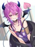  1other androgynous armlet asymmetrical_hair bangs black_choker black_coat blurry blurry_background blush cafune_layla choker coat coat_removed commentary crossed_bangs demon_horns demon_tail demon_wings eyebrows_visible_through_hair fishnets grin hair_between_eyes horns indie_virtual_youtuber looking_at_viewer medium_hair multicolored_hair o-ring o-ring_choker pin pink_hair purple_hair purple_tank_top red_eyes second-party_source shuri_(84k) side_braids smile solo streaked_hair tail tank_top teeth tri_braids two-tone_hair upper_body virtual_youtuber wings 