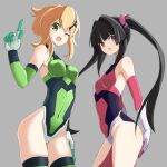 2girls 310-6 akatsuki_kirika bangs black_hair blonde_hair blunt_bangs breasts commentary_request elbow_gloves gloves green_eyes green_gloves green_legwear green_leotard grey_background hair_ornament hair_ribbon index_finger_raised leotard long_hair looking_at_viewer magical_girl multiple_girls open_mouth partial_commentary pink_eyes pink_gloves pink_leotard pink_ribbon ribbon senki_zesshou_symphogear short_hair simple_background sleeveless small_breasts smile standing thigh-highs tsukuyomi_shirabe twintails x_hair_ornament 