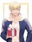  1boy bangs blonde_hair blue_eyes blue_jacket box earrings gift gift_box hao_(haozz) holding holding_gift hood hood_down hoodie jacket jewelry looking_at_viewer male_focus matsuno_chifuyu open_clothes open_jacket open_mouth short_hair simple_background single_earring smile solo teeth tokyo_revengers upper_body white_hoodie 