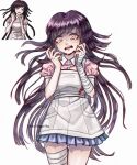  1girl apron artist_name bandaged_arm bandaged_leg bandages bangs blue_skirt blush commentary crying crying_with_eyes_open danganronpa_(series) danganronpa_2:_goodbye_despair floating_hair hands_up long_hair mole mole_under_eye multiple_views nika_kapustka photo-referenced pink_shirt pleated_skirt puffy_short_sleeves puffy_sleeves reference_photo shiny shiny_hair shirt short_sleeves simple_background skirt tears teeth tsumiki_mikan upper_teeth white_apron 