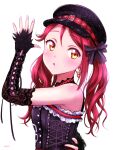 1girl bangs black_gloves blush breasts ckst commentary_request earrings elbow_gloves eyebrows_visible_through_hair fingerless_gloves gloves hair_ribbon hat highres jewelry long_hair love_live! love_live!_sunshine!! redhead ribbon sakurauchi_riko sidelocks signature small_breasts solo twintails upper_body yellow_eyes 