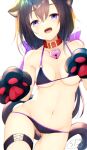  1girl animal_collar animal_ear_fluff animal_ears animal_hands ass_visible_through_thighs bare_shoulders bell bikini black_bikini black_hair breasts cat_ears cat_paws cat_tail chita_(ketchup) collar cowboy_shot eyebrows_visible_through_hair gloves hair_between_eyes halterneck heart-shaped_bell highres jingle_bell long_hair medium_breasts navel neck_bell o-ring o-ring_bikini open_mouth original paw_gloves red_collar signature simple_background swimsuit tail thigh_strap violet_eyes white_background 