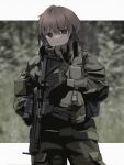  1girl annoyed assault_rifle bangs black_gloves blurry blurry_background brown_eyes brown_hair cowboy_shot dmj_neco foregrip gloves green_jacket green_legwear gun headset_removed highres holding holding_gun holding_weapon jacket load_bearing_equipment looking_at_viewer m4_carbine original pocket pouch rifle short_hair solo tactical_clothes trigger_discipline weapon 