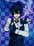  black_hair black_vest blue_background blue_eyes checkered checkered_background cigarette gloves hellsing hellsing:_the_dawn monotsuki smoking vest walter_c._dornez wire 