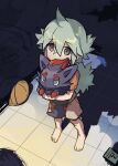  1boy ball bangs barefoot closed_mouth cowlick green_hair grey_eyes hair_between_eyes holding holding_pokemon long_hair looking_up male_focus n_(pokemon) pokemon pokemon_(creature) pokemon_(game) pokemon_bw shirt short_sleeves shorts standing symbol-only_commentary toes tpi_ri younger zorua 