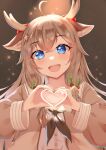  1girl :d a-soul absurdres ahoge animal_ear_fluff animal_ears bangs bell black_neckwear blue_eyes blush brown_background brown_hair brown_jacket deer_antlers deer_ears diana_(a-soul) eyebrows_visible_through_hair hair_bell hair_ornament heart heart_hands highres holly_hair_ornament jacket long_hair long_sleeves looking_at_viewer neckerchief open_clothes open_jacket open_mouth sailor_collar school_uniform serafuku smile solo star_(symbol) star_hair_ornament theos upper_body white_sailor_collar 