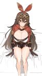  1girl amber_(genshin_impact) breasts brown_hair genshin_impact gloves goggles goggles_on_head hairband highres large_breasts legs long_hair on_bed pablo_(hshhhh321) red_eyes short_shorts shorts shrug_(clothing) sitting sitting_on_bed sketch smile solo very_long_hair 