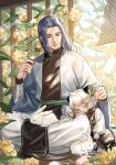  2boys absurdres animal_ears black_hair cat_boy cat_ears closed_eyes flower food food_on_face highres holding holding_food leaf long_hair long_sleeves luoxiaohei multiple_boys petals plant qingqingdechang rabbit short_hair sitting sleeping the_legend_of_luo_xiaohei white_hair wide_sleeves wuxian_(the_legend_of_luoxiaohei) yellow_flower 